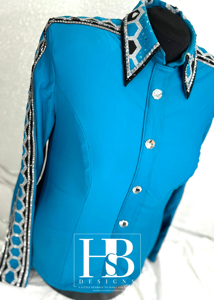 *PRE-LOVED* Plus Size GLAM Peacock Blue Silver and Black Spandex Day Shirt