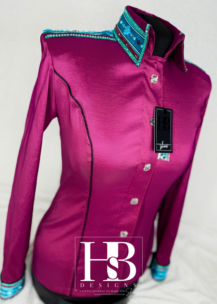 GLAM SOUTHWESTERN Rich Magenta, Mint/Seafoam and Teal w/ Piping Stretch Taffeta Day Shirt 1287