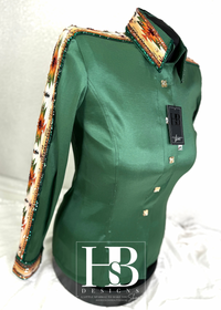 GLAM SOUTHWESTERN Forest Green, Rust, Orange, and Bronze Stretch Taffeta Day Shirt