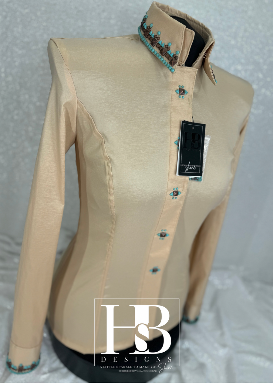 SIMPLY SOUTHWESTERN Sand Tan, Copper and Turquoise Stretch Taffeta Day Shirt 1032