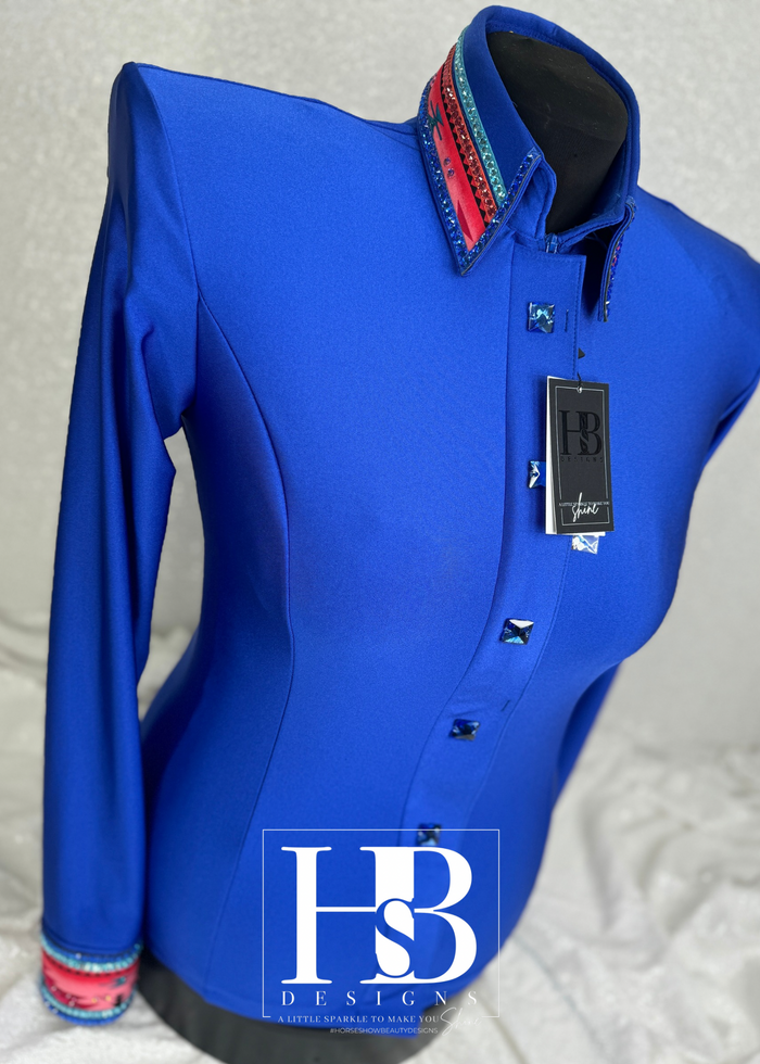 LUXE SOUTHWESTERN Royal Blue, Coral and Aqua Stretch Spandex Day Shirt