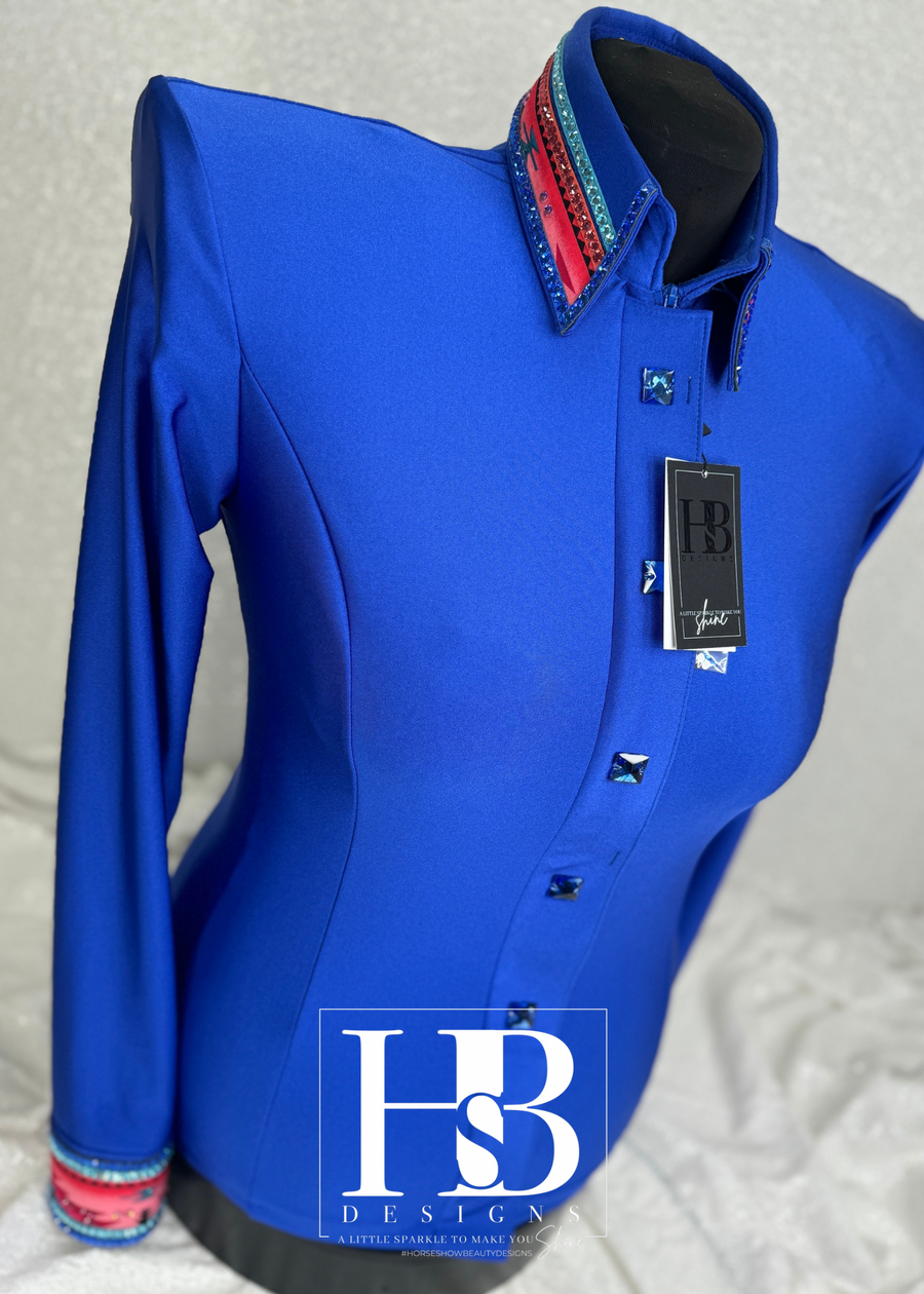 LUXE SOUTHWESTERN Royal Blue, Coral and Aqua Stretch Spandex Day Shirt 1165