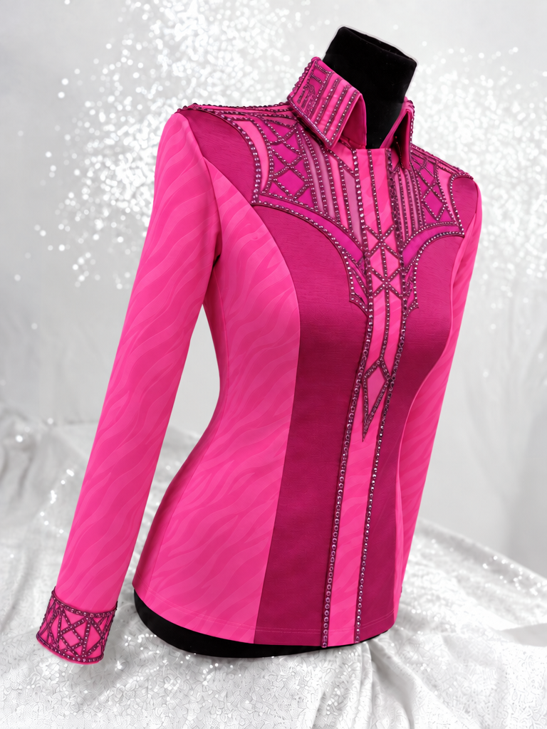 GLAM Hot Pink w/ Animal Print Contrast Panels Stretch Day Shirt 1531
