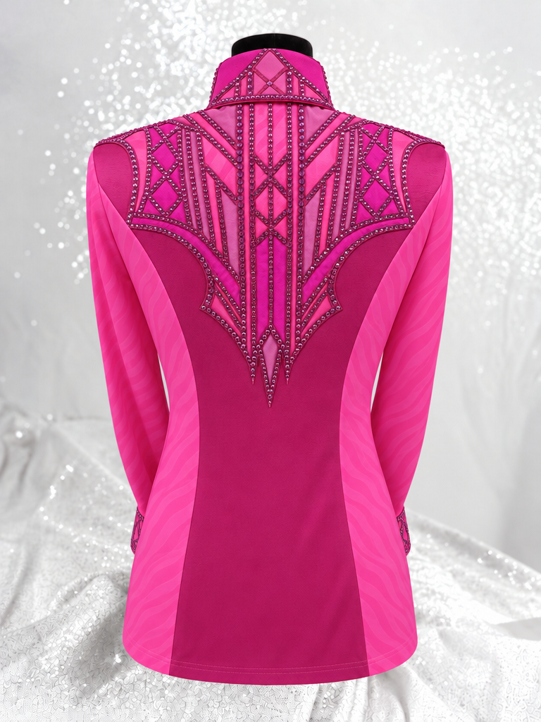 GLAM Hot Pink w/ Animal Print Contrast Panels Stretch Day Shirt 1531