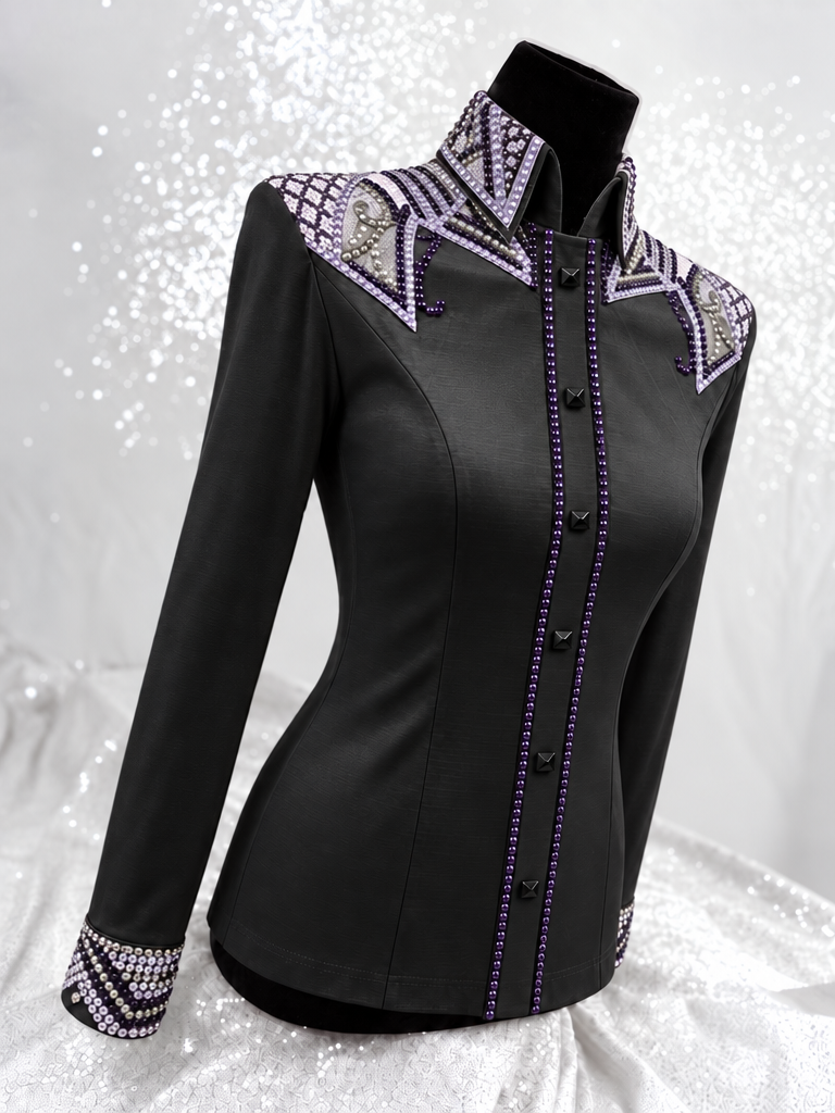 Front view of GLAM black stretch taffeta day shirt with purple, lavender and grey embellishment on the collar, shoulders and cuffs