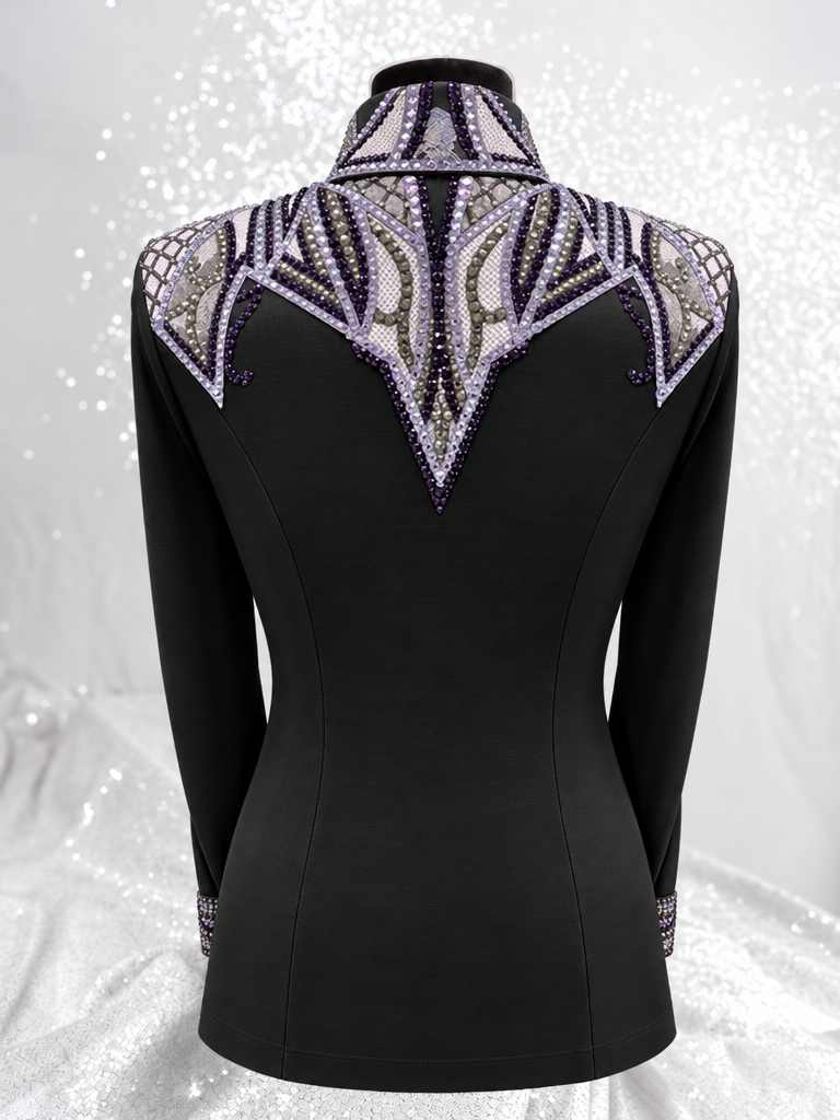 Back view of GLAM black stretch taffeta day shirt with purple, lavender and grey embellishment on the yoke and cuffs