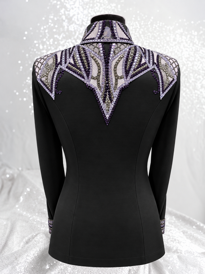 Back view of GLAM black stretch taffeta day shirt with purple, lavender and grey embellishment on the yoke and cuffs