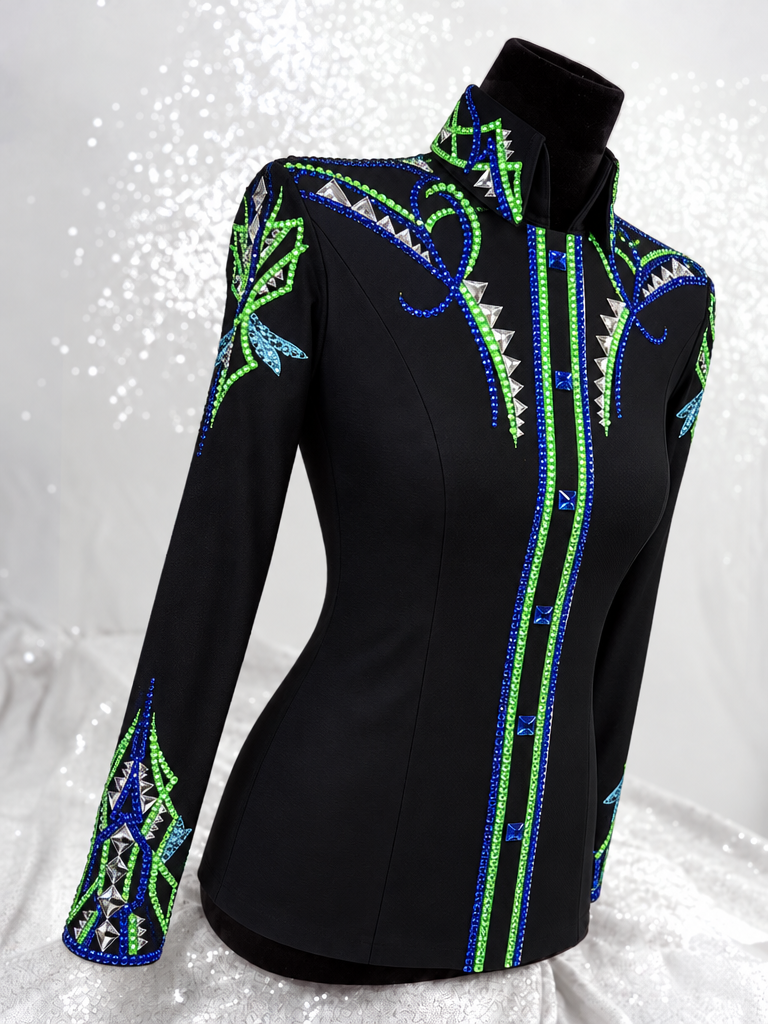 GLAM Black, Electric Green, Royal Blue and Aqua Compression Spandex Stretch Day Shirt 1528