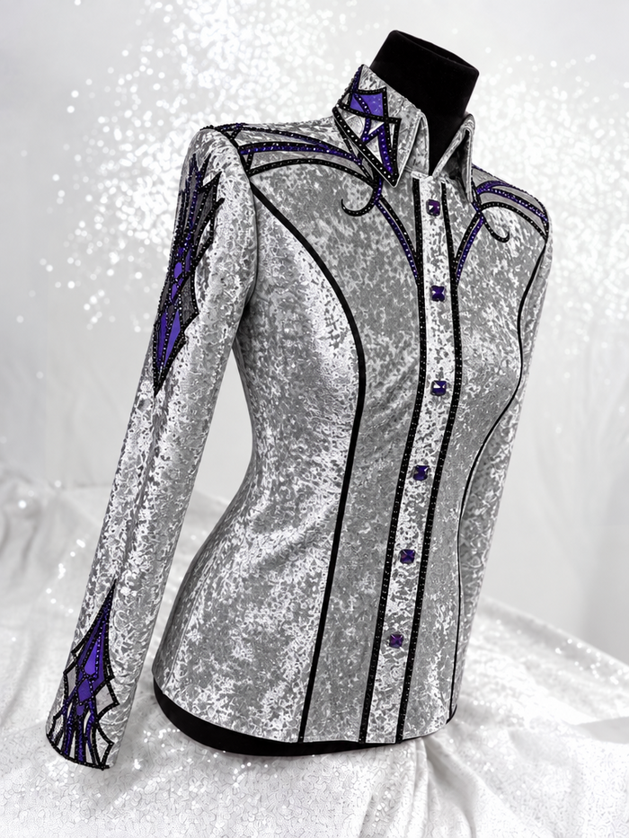 GLAM Silver, Purple & Grey Velour Velvet Stretch Day Shirt 1525