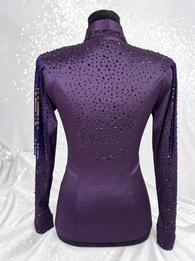 Product photo of *FLASH-SALE* SIMPLY+ Eggplant w/ Gold & Lavender Fringe Stretch Taffeta Day Shirt — Item 1524