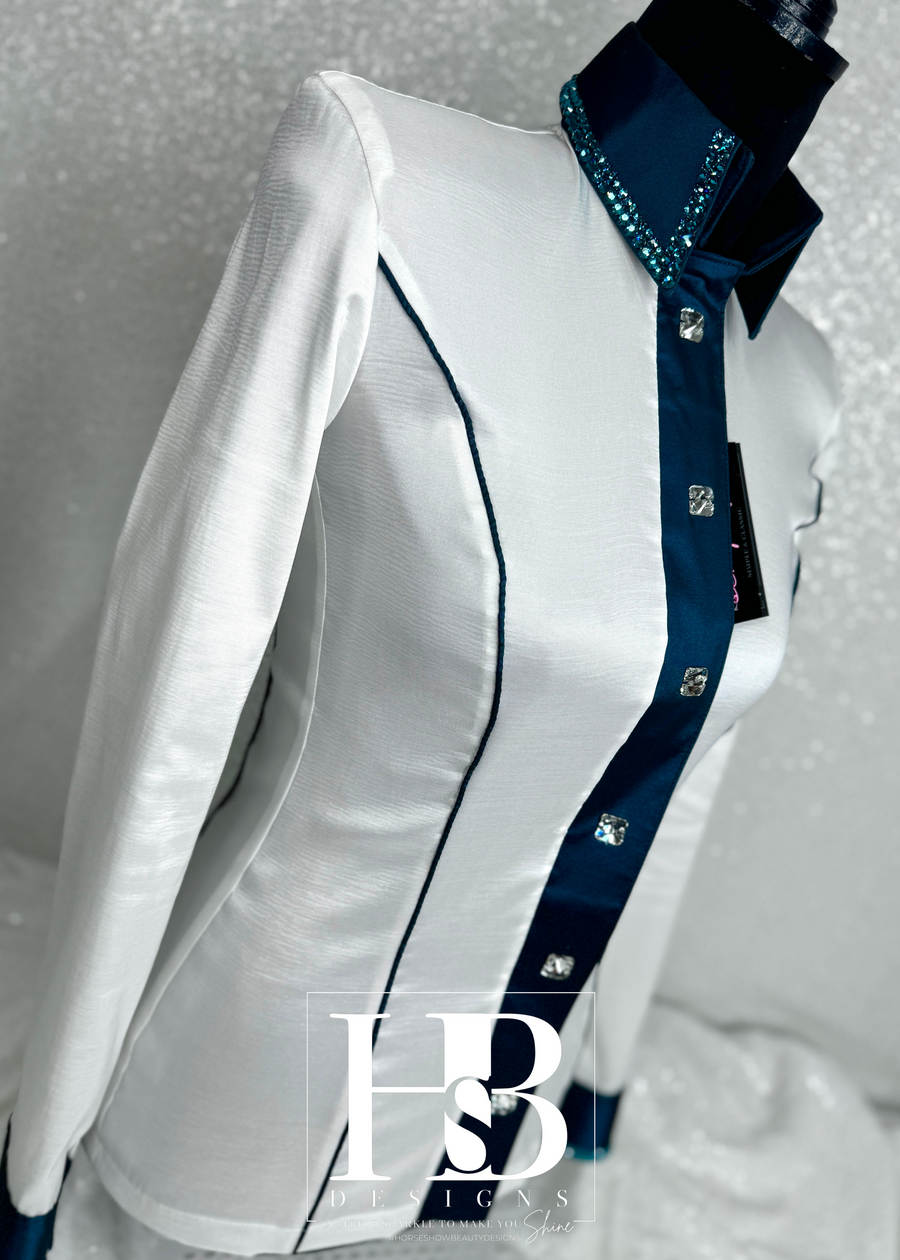 SIMPLY White w/ Teal Contrast & Piping Day Stretch Taffeta Day Shirt 1023