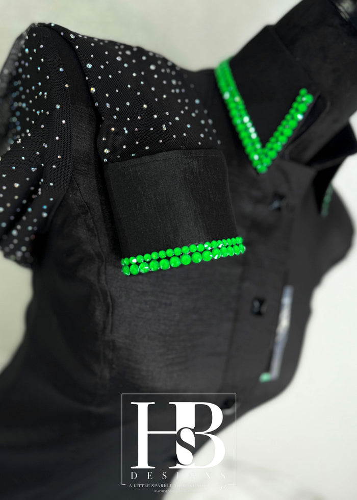 SIMPLY BREEZY Black and Neon Green Rhinestone Mesh Sleeve Stretch Taffeta Day Shirt