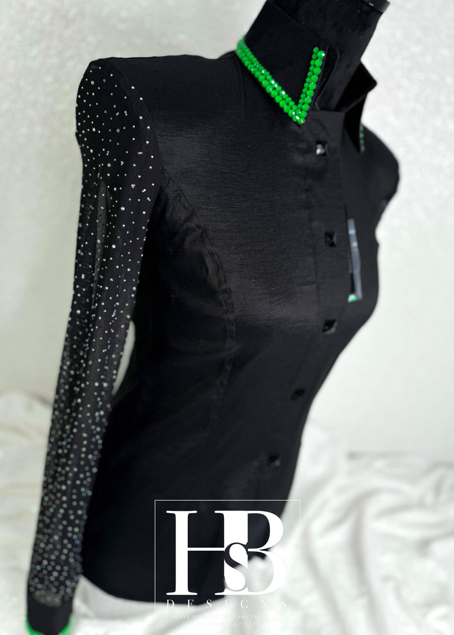 SIMPLY BREEZY Black and Neon Green Rhinestone Mesh Sleeve Stretch Taffeta Day Shirt 1144