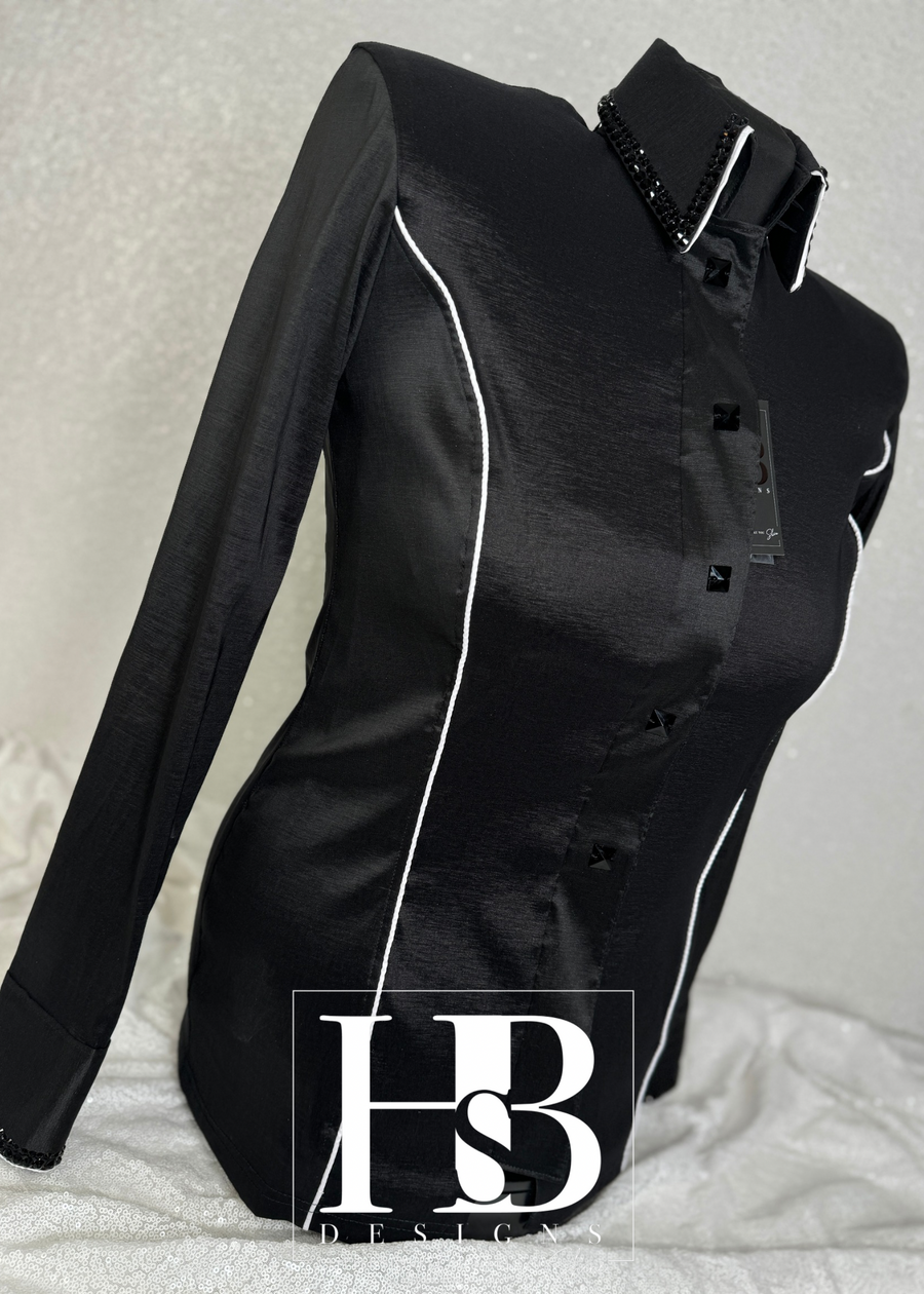 SIMPLY Black with White Piping Stretch Taffeta Day Shirt 1147