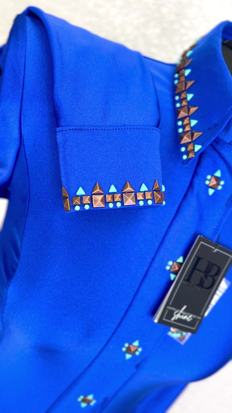 SIMPLY SOUTHWESTERN Royal Blue, Copper and Turquoise Shiny Spandex Day Shirt