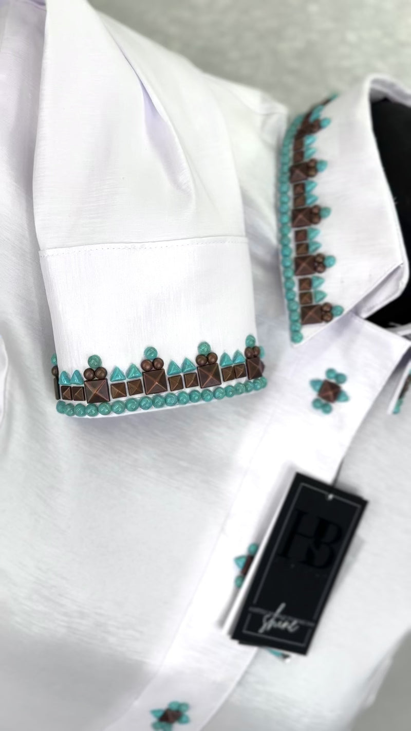 SIMPLY SOUTHWESTERN White, Copper and Turquoise Stretch Taffeta Day Shirt