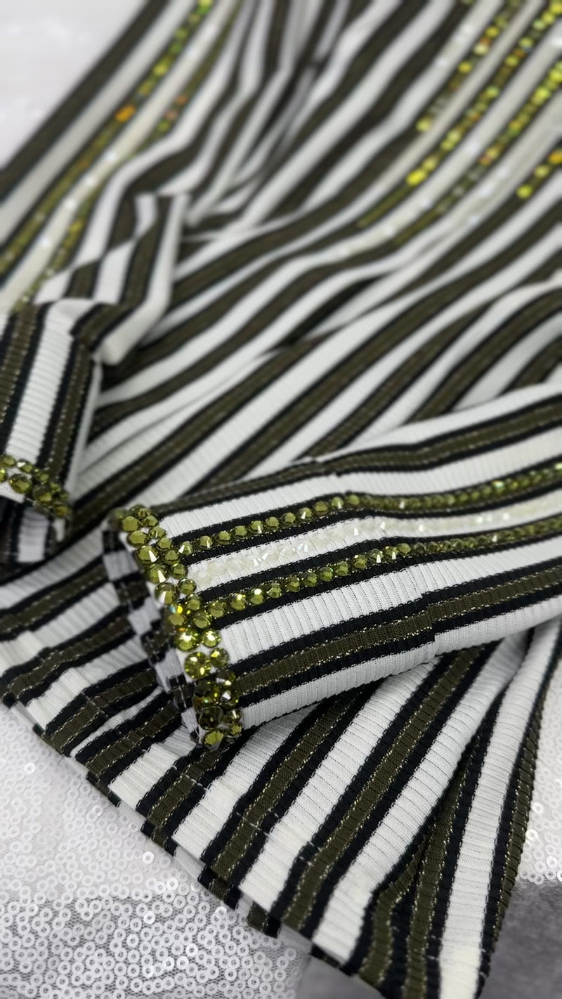 GLAM Olive Green, White and Black Striped Stretch Knit Day Shirt